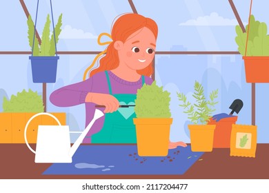 Child growing greenplant in pot, working in home garden or greenhouse vector illustration. Cartoon happy little girl gardener holding gardening tool in hand to care and grow flower background