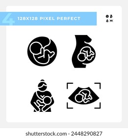 Child growth black glyph icons set on white space. Pregnancy ultrasonography. Baby breastfeeding, maternity childcare. Silhouette symbols. Solid pictogram pack. Vector isolated illustration