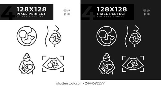 Child growth linear icons set for dark, light mode. Pregnancy ultrasonography. Baby breastfeeding, maternity childcare. Thin line symbols for night, day theme. Isolated illustrations. Editable stroke