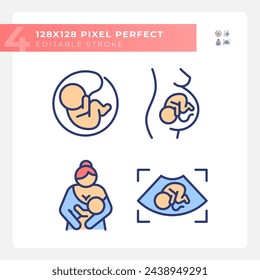 Child growth RGB color icons set. Pregnancy ultrasonography. Baby breastfeeding, maternity childcare. Isolated vector illustrations. Simple filled line drawings collection. Editable stroke