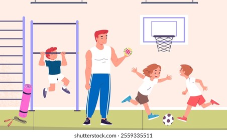 Child gym class. School physical education baby children group with sport coach or teacher, kids physic gymnastic exercise and football team play PE lesson vector illustration original artwork