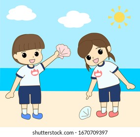 A child in gym clothes picking up shells in the sea
