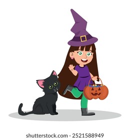 child in halloween clothes looking for sweets, adorable girl dressed as a little witch. vector illustration.