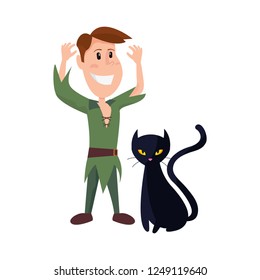 child in halloween costume with black cat
