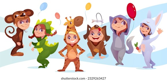 Child in halloween costume. Cute kids in masquerade costume giraffe and monkey, dragon and dog, cat and bunny. Character at children dressed up party. Cartoon flat vector isolated on white background