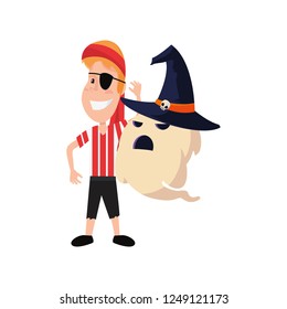 child in halloween costume with ghost