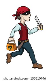 Child in Halloween costume - Pirate, walking, vector illustration