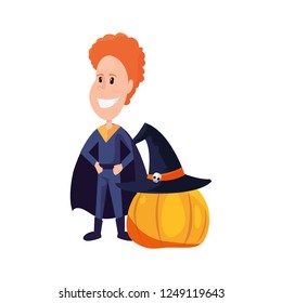 child in halloween costume with pumpkin