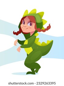 Child in halloween costume. Smiling cute redhead girl dinosaur or dragon festive clothes for masquerade kid party. Young funny character. Cartoon flat vector illustration isolated on white background