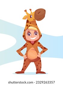 Child in halloween costume. Smiling young child character. Cute funny boy in festive clothes in form of giraffe for masquerade kid party. Cartoon flat vector illustration isolated on white background