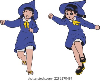 child in halloween costume. Two girls in a witch costume. Vector illustration isolated on white background.