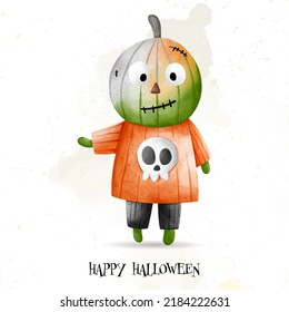 Child in Halloween Pumpkin costume. Happy Halloween, watercolor vector illustration
