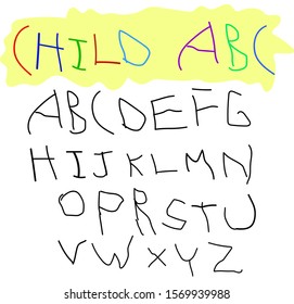 Child hand drawing alphabet font made by pen or pencil. Ugly letters. Black on white background. Isolated. Baby learn how to write