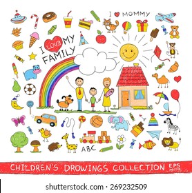 Child Hand Drawing Illustration Of Happy Family With Kids Near Home, Dog, Sun, Rainbow. Cartoon Sketch Image Of Children Pencil Painting Vector Doodles Set: Sweets, Lollipop, Food, Baby Toys, Animals.