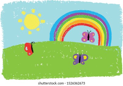 child hand drawing summer garden crayon lawn in a sunny day rainbow butterfly