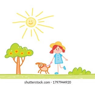 Child hand drawn illusration with sun, tree, buildings, dog and girl in childish style. Hand painting. Kid drawing.