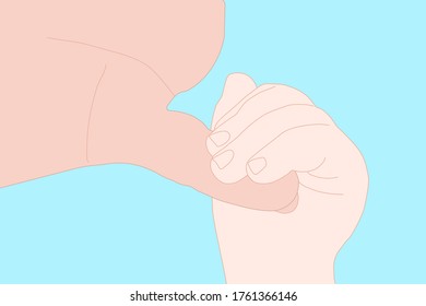 The child hand is gentle holding the finger of the dad with love and happy on the blue background. Family stay together. Holiday spending time. Love and give concept.