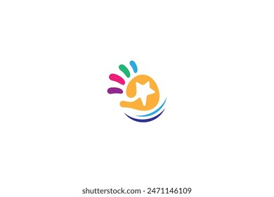 child hand logo with star in colorful flat vector design style