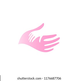 Child hand in mother hand vector icon. Pediatrician abstract logo template. Flat tender pink palm silhouette, abstract symbol. Isolated vector illustration on white background.