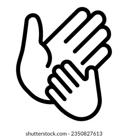 Child hand on adult palm line icon, Mother day concept, child care sign on white background, Helping Hands adult and child icon in outline for mobile web design. Vector graphics.