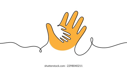  Child hand in parent hand one line illustration