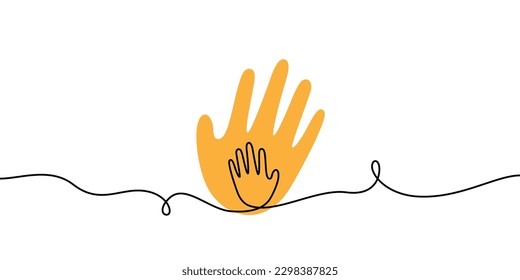 Child hand in parent hand one line illustration
