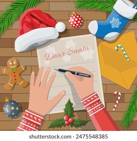 Child hand pen writing letter to santa claus. Wooden desk candycane, envelope, fur branches, holly, stocking, hat, gingerbread man. Christmas new year eve xmas holidays. Vector illustration flat style