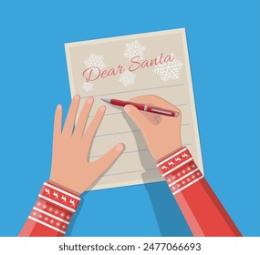 Child hand with pen writing letter to santa claus. Holidays wishlist. Christmas new year eve xmas holidays. Vector illustration flat style