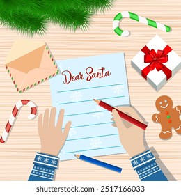 Child Hand with pen Writing letter to santa claus. wooden desk with candycane, envelope and fur branches. wishes on christmas and new year eve. vector illustration