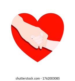 The child hand that is gentle holding the finger of the dad with love and happy in the red heart shape. Family stay together. Holiday spending time. Love and give concept.