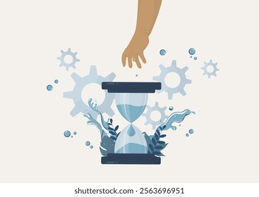 Child hand try to take Water Conservation Hourglass, symbolizing environmental technology management. World water day. Save water. Flat design vector illustration. Ecology and water concept. 