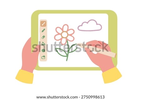 Child Hands Drawing on Digital Tablet, Kids Tech Education Clipart, Modern Creative Learning Vector Illustration