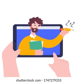 Child hands holing tablet computer. Using digital tablet pc for distance lessons, video course, web seminar, internet class, personal teacher service.Online education for school and university concept