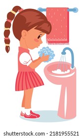 Child Handwashing. Cartoon Girl Wetting Hands In Basin