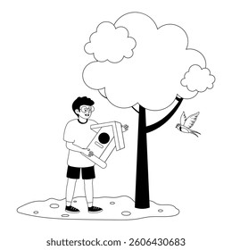 Child hangs birdhouse on tree while a bird flies nearby in a sunny park