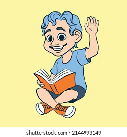 A child happily greets with a book in his hand. Illustration with vector design.