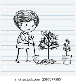 A child happily planting a tree with a shovel