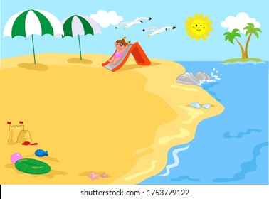 Child happily playing on the beach, vector illustration scenery