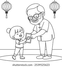 Child happily receiving red envelopes from grandpa outline coloring page. China lunar new year colouring page for kids