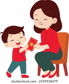 Child happily receiving red envelopes from mother. China lunar new year illustration