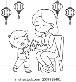 Criança feliz recebendo envelopes vermelhos da página de colorir mãe. Ilustração de ano novo lunar da China