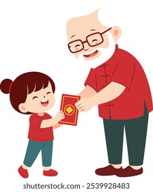 Child happily receiving red envelopes from grandpa. China lunar new year illustration