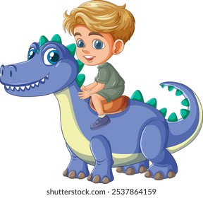 A child happily rides a blue dinosaur