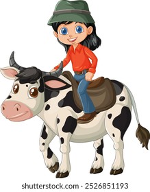 A child happily riding a cow