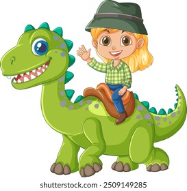 Child happily riding a green dinosaur