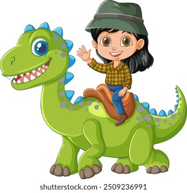 Child happily riding a green dinosaur