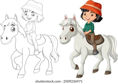 A child happily riding a white horse