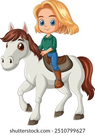 A child happily riding a white horse