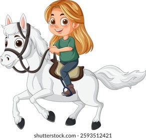 A child happily riding a white horse
