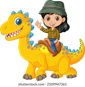 Child happily riding a yellow dinosaur